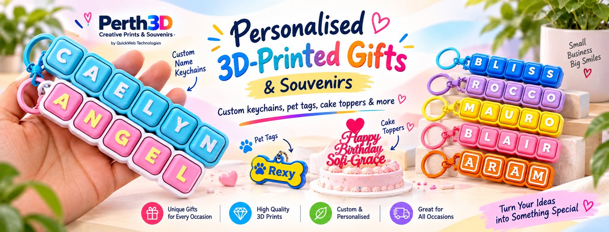 Perth3D — Creative Prints & Souvenirs by QuickWeb Technologies. Personalised 3D-printed gifts and souvenirs: custom name keychains, pet tags, cake toppers and more.